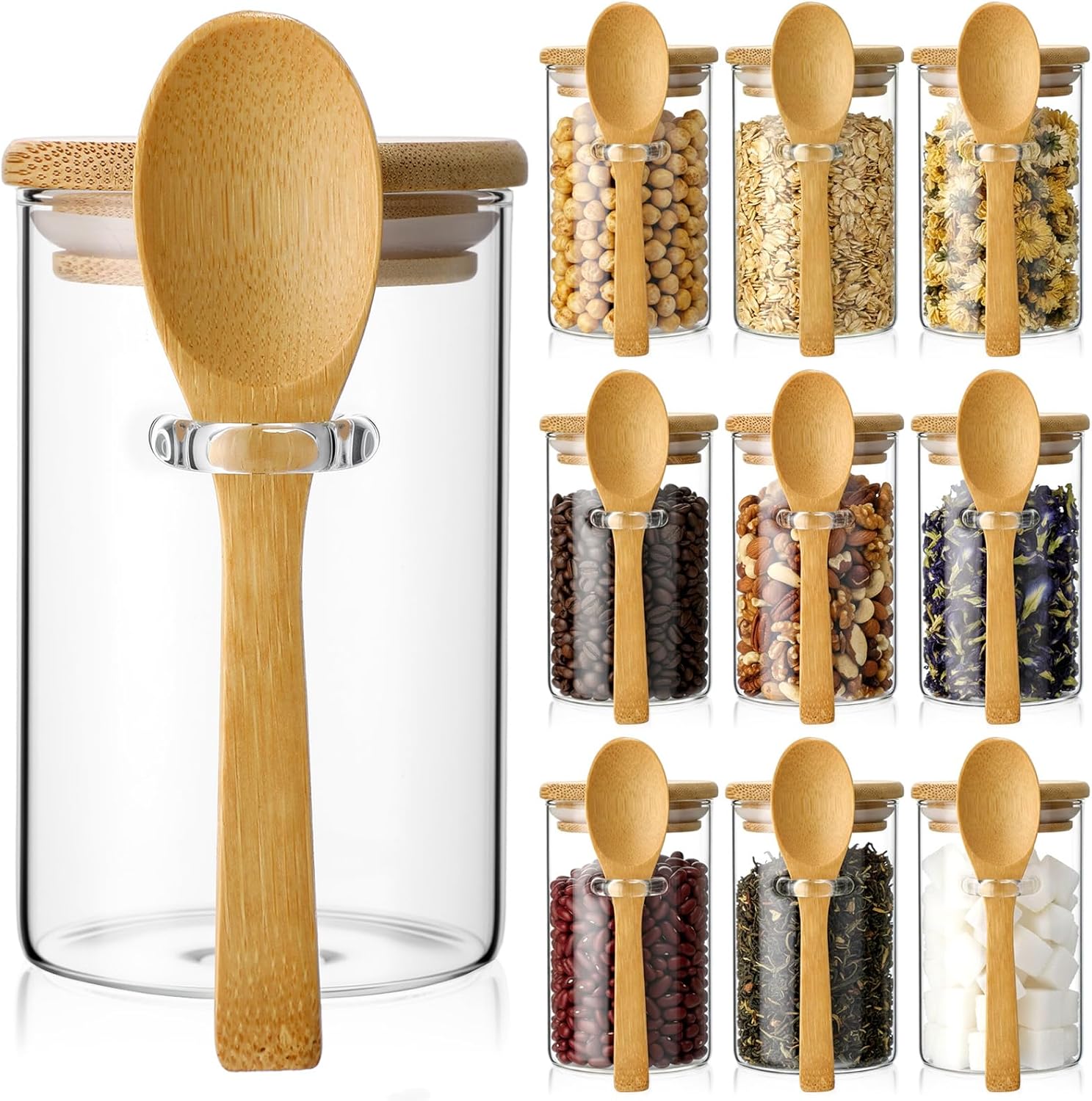 Glass Container Set - 10 Pack Glass Jars with Bamboo
